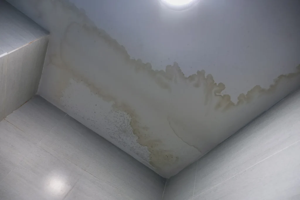 Brown water stains on a white ceiling near a light fixture, indicating possible water damage in a tiled room.